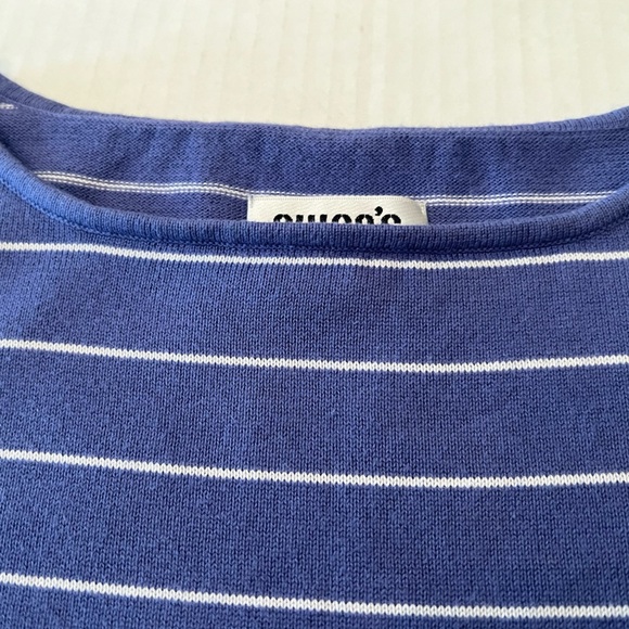 CHICO’S SIZE 2 SLEEVELESS HIGH NECK TANK  PURPLE AND WHITE HORIZONTAL STRIPES - Picture 7 of 8